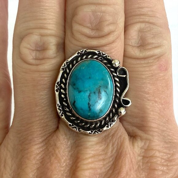 VTG Sterling Silver 925 Hemerson Brown Navajo Oval Bezel Set Turquoise Ring Sz 8 - Picture 1 of 16
